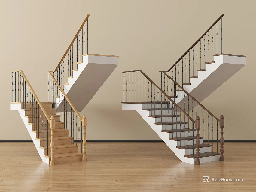 Modern Interior Staircase With Wooden Steps Dark Handrail And Metal Balusters 3d model 