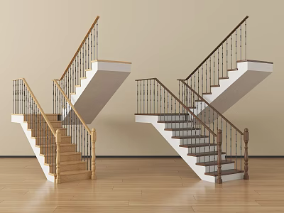 Modern Interior Staircase With Wooden Steps Dark Handrail And Metal Balusters 3d model