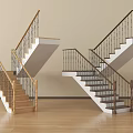 Modern Interior Staircase With Wooden Steps Dark Handrail And Metal Balusters