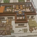 Ancient Chinese Architecture Interior Featuring Wooden Structure Carved Decorations Blue Curtains Round Table And Chairs