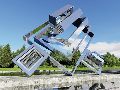 Modern Metallic Landscape Sculpture Featuring Interlocking Geometric Shapes Reflective Surface Green Trees And Blue Sky 3d model