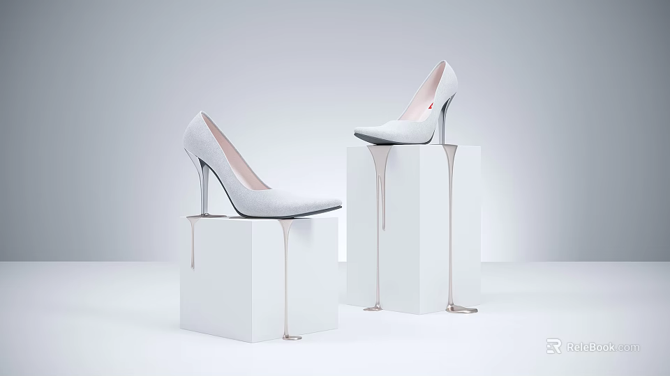 White High Heels Showcased On White Pedestals With Dripping Design Details 3d model 