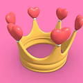 Yellow Crown Hat with Five Red Heart Decorations and White Balls on Pink Background