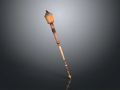 Carved Wooden Staff With Decorative Top And Polished Brown Beige Surface 3d model