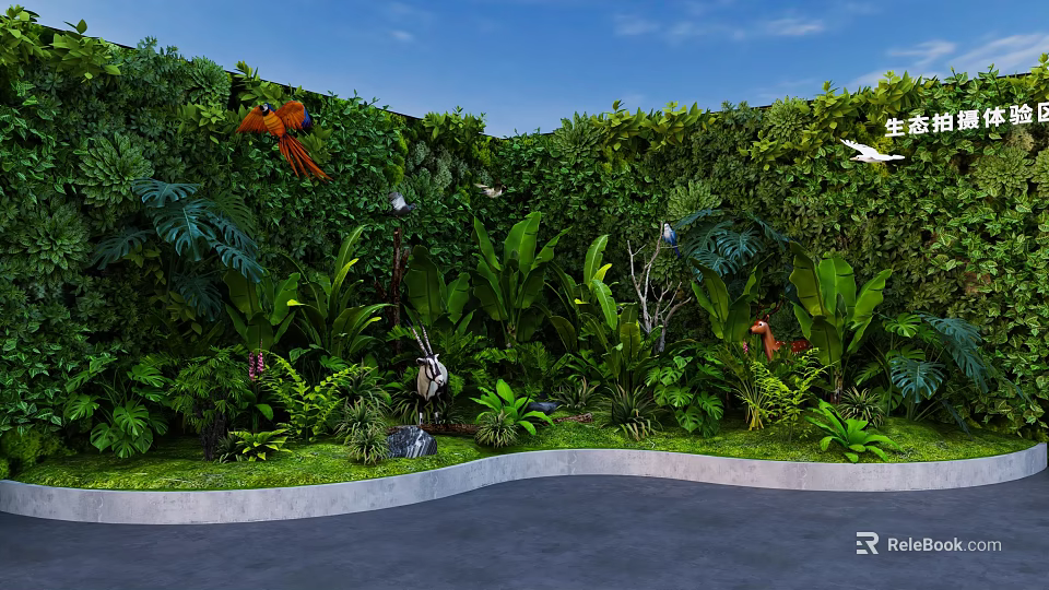 Lush Green Plant Wall Photo Check-in Spot With Tropical Plants And Orange Parrot 3d model 