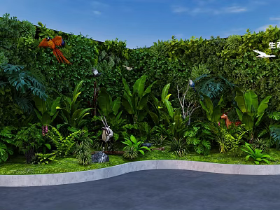 Lush Green Plant Wall Photo Check-in Spot With Tropical Plants And Orange Parrot 3d model