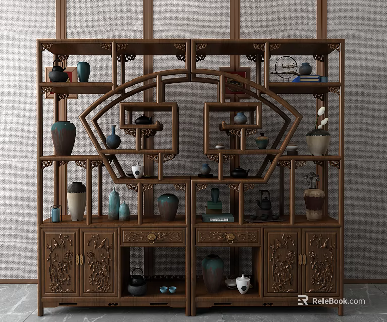Traditional Chinese Carved Wooden Display Shelf With Ceramic Vases And Tea Sets 3d model 
