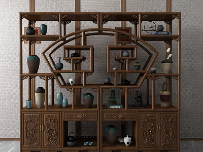 Traditional Chinese Carved Wooden Display Shelf With Ceramic Vases And Tea Sets 3d model