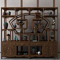 Traditional Chinese Carved Wooden Display Shelf With Ceramic Vases And Tea Sets
