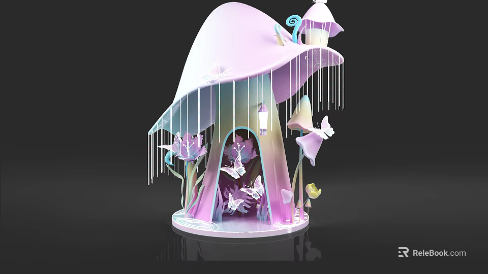 Pastel Pink Purple Mushroom Shaped Decorative Structure With Transparent Elements Hanging Decorations And Butterflies 3d model 