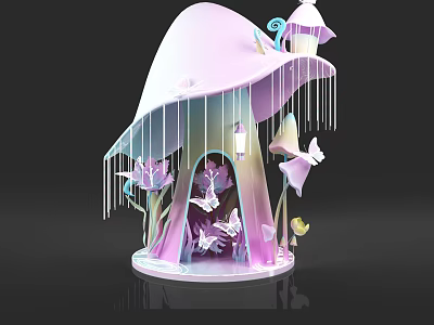 Pastel Pink Purple Mushroom Shaped Decorative Structure With Transparent Elements Hanging Decorations And Butterflies 3d model