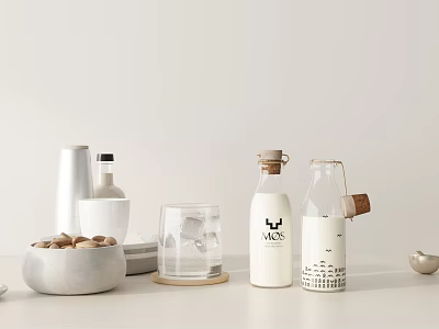 Minimalist Modern Kitchenware Design With White Bottles Glass Cups And Ceramic Bowl 3d model