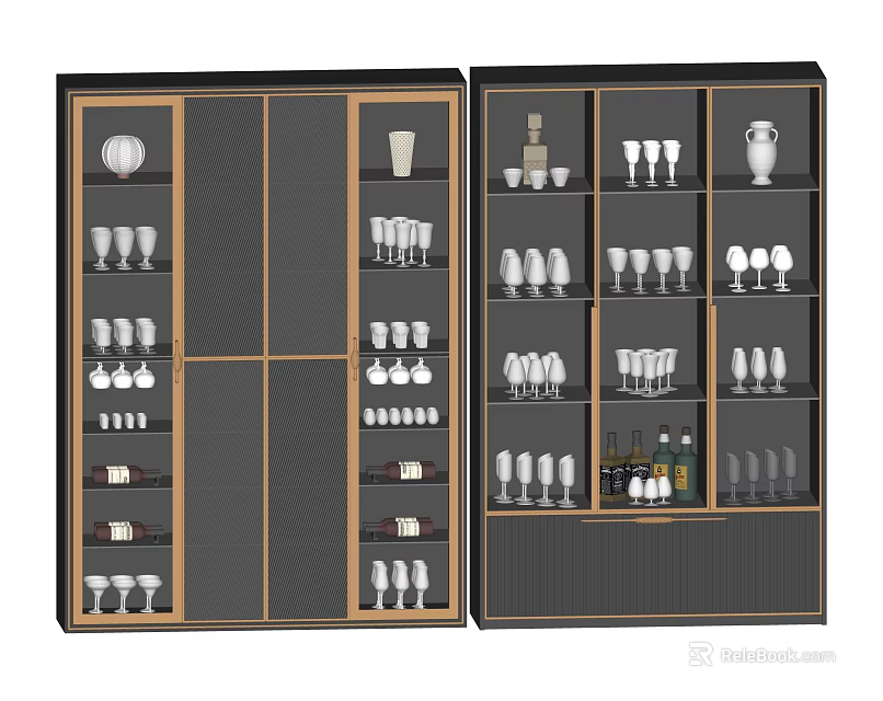 Modern Wine Cabinet Design With Glassware Wine Bottles and Decorative Vases on Layered Shelves 3d model 