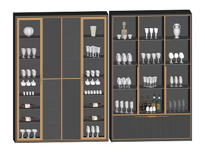 Modern Wine Cabinet Design With Glassware Wine Bottles and Decorative Vases on Layered Shelves 3d model