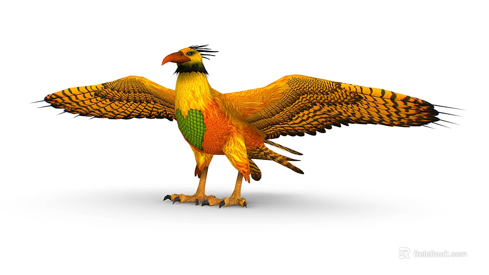 Striking Colorful Flying Bird with Spread Wings Vibrant Yellow Green Feathers and Crest 3d model 