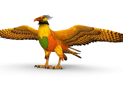Striking Colorful Flying Bird with Spread Wings Vibrant Yellow Green Feathers and Crest 3d model