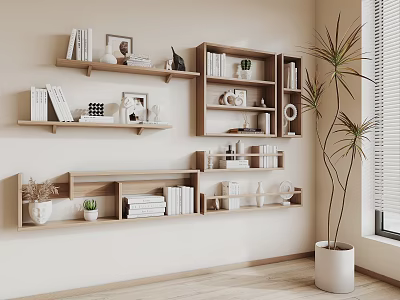 Wooden Wall Cabinets with Books Decorative Items and Green Plant in Stylish Modern Interior 3d model