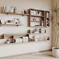 Wooden Wall Cabinets with Books Decorative Items and Green Plant in Stylish Modern Interior