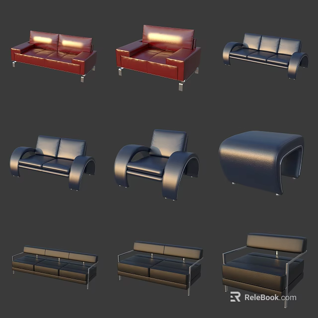 Modern Leather Sofa Set With Two Seater Armchair And Ottoman Design 3d model 