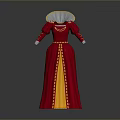 Red Victorian Style Long Dress With White Ruffled Collar And Yellow Trims