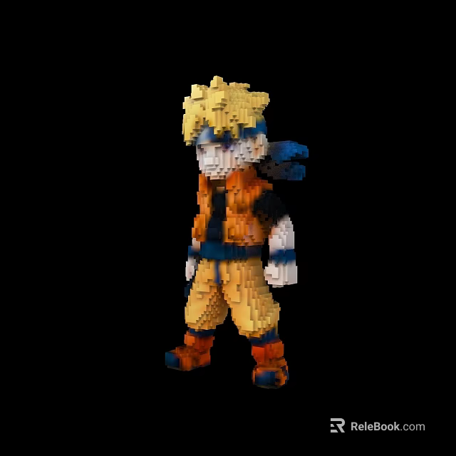 Pixel Art Doll with Blonde Hair Orange Vest and Yellow Pants on Black Background 3d model 