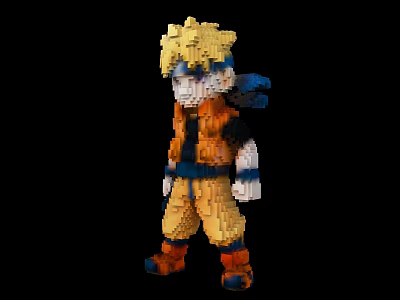 Pixel Art Doll with Blonde Hair Orange Vest and Yellow Pants on Black Background 3d model