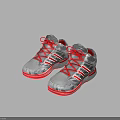 Gray High Top Athletic Shoes With Red Laces And Red White Stripes On Red Soles