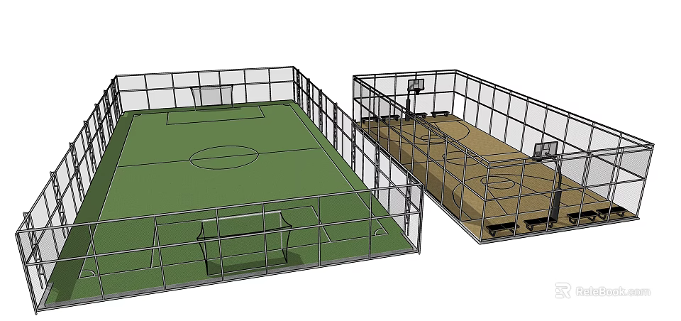 Enclosed Soccer Field With Green Turf Goalposts And Surrounding Fencing 3d model 