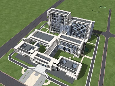 Modern Building Complex Architectural Design Featuring Connected Structures Glass Facades Green Lawns And Roads 3d model