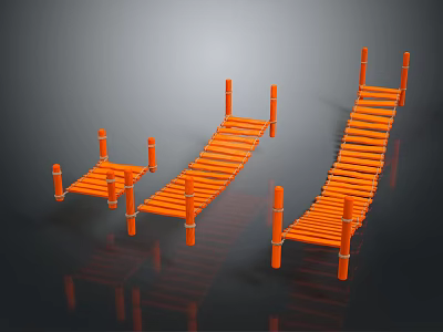 Orange Wooden Kids Climbing Bridge Structures With Planks And Support Poles 3d model