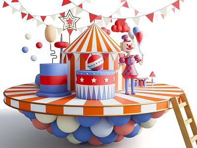 Cartoon Scene With Circus Tent Clown Balloons Ladder And Circular Platform 3d model