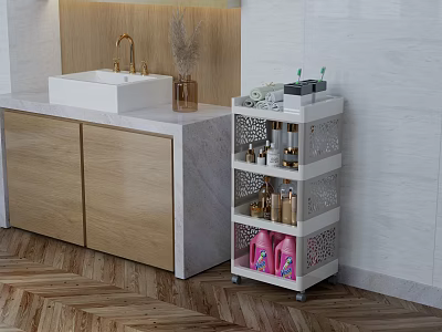 Modern Bathroom Combination with Wooden Cabinet Marble Countertop and Toiletries Storage Shelf 3d model