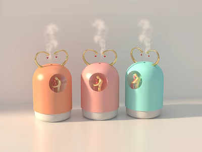 Colorful Daily Use Humidifiers With Crown Shaped Design And Cartoon Patterns Emitting Mist 3d model
