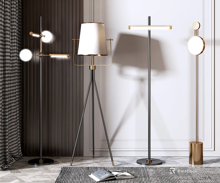 Modern Floor Lamps With Metal Frames And White Shades For Interior Decor 3d model 