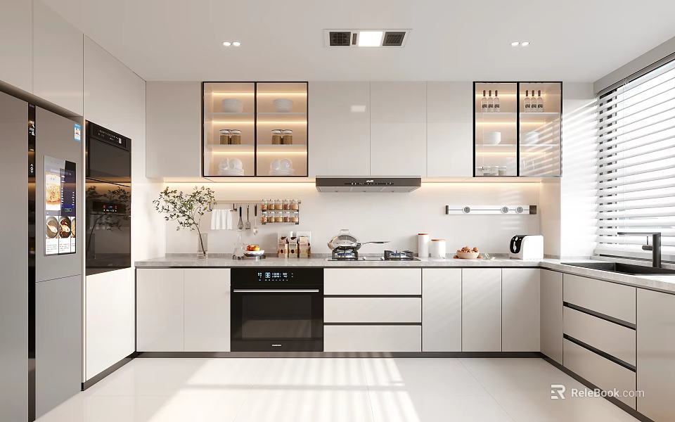 Modern Kitchen Interior With White Cabinets Glass Door Upper Cabinets Marble Countertop And Natural Light 3d model 