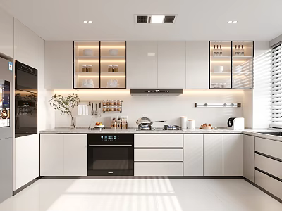 Modern Kitchen Interior With White Cabinets Glass Door Upper Cabinets Marble Countertop And Natural Light 3d model