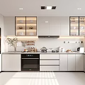 Modern Kitchen Interior With White Cabinets Glass Door Upper Cabinets Marble Countertop And Natural Light