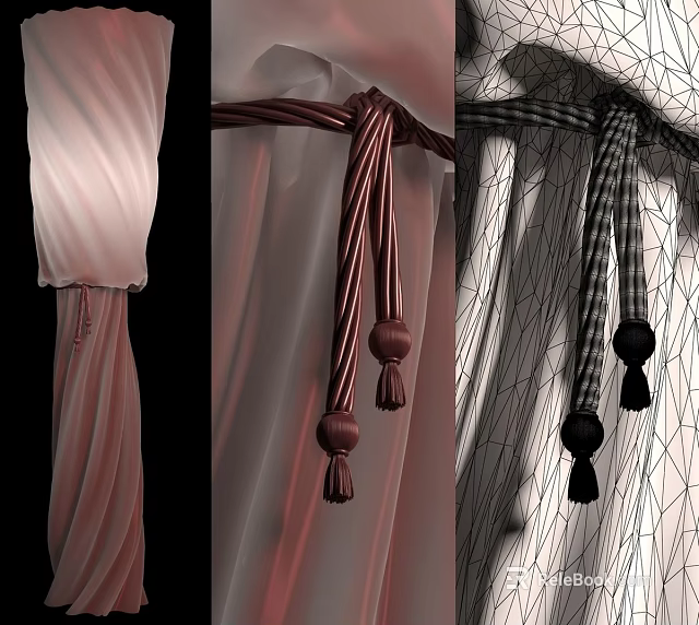 Elegant Curtain Design With Brown Tiebacks Tassels And Textured Fabric 3d model 