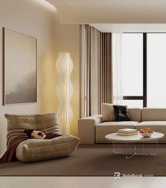 Beige Leisure Chair with Brown Blanket and Stuffed Toy in Living Room with Floor Lamp 3d model 