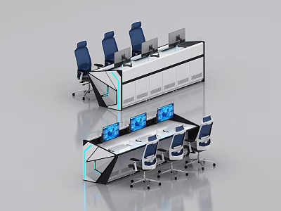 Modern Office Desk With Illuminated Edges Multiple Monitors And Blue Chairs 3d model