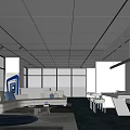 Modern Office Open Layout Featuring Floor-to-Ceiling Windows Blue Elements Sofa Meeting Table And Geometric Decor 3d model