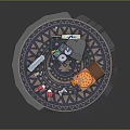 Vintage Laptop Setup With Retro TV Radio Game Controller Pizza And Sneakers On Circular Rug