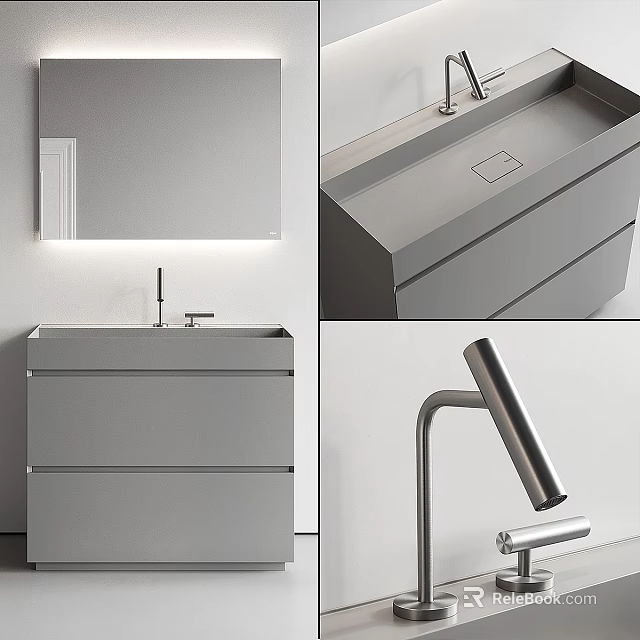 Modern Gray Washbasin Vanity Interior With Mirror Faucet And Drawer Design 3d model 