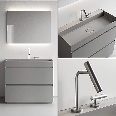 Modern Gray Washbasin Vanity Interior With Mirror Faucet And Drawer Design 3d model