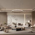 Modern Living Dining Room Interior Design With Sofa Coffee Table Circular Patterns Wooden Chandelier