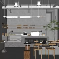 Modern Café Interior Design With Gray Walls Wooden Tables Chairs Green Plant And Hanging Lights