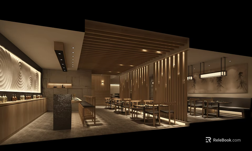 Modern Restaurant Interior With Wooden Ceiling Dividers Dining Tables And Lighting 3d model 