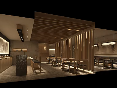 Modern Restaurant Interior With Wooden Ceiling Dividers Dining Tables And Lighting 3d model