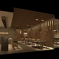 Modern Restaurant Interior With Wooden Ceiling Dividers Dining Tables And Lighting