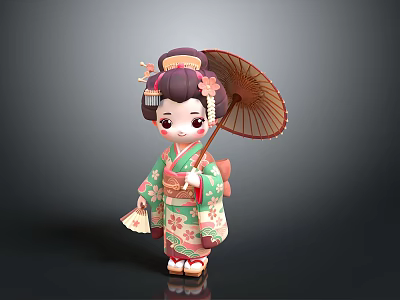 Japanese Geisha Doll Figure With Traditional Hairstyle Cherry Blossom Kimono And Bamboo Umbrella 3d model
